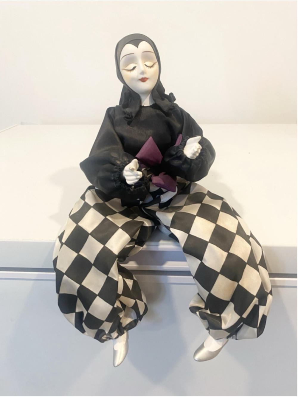 Vintage Pierrot Harlequin Jester Doll 12” Poseable Black White Art Doll